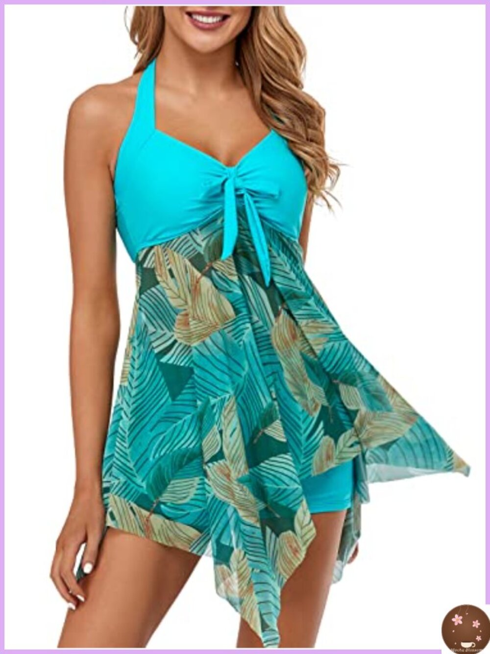 Womens Tankini Swimdress Two Piece V Neck Halter Boyshort Floral Bathing Suit